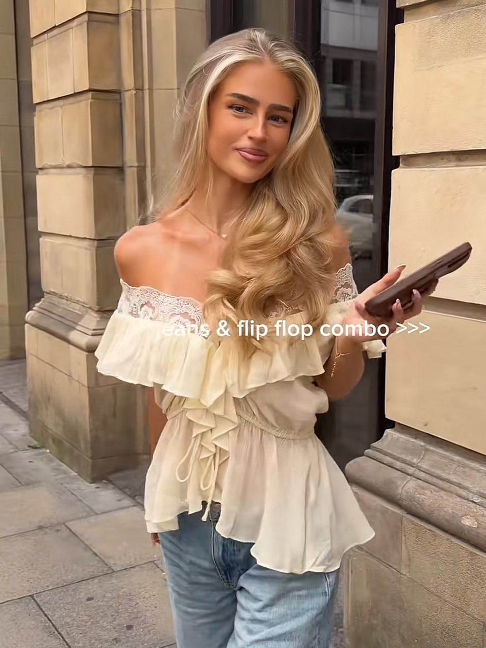 H&M Cream Off-Shoulder Ruffle Lace-Trim Camisole